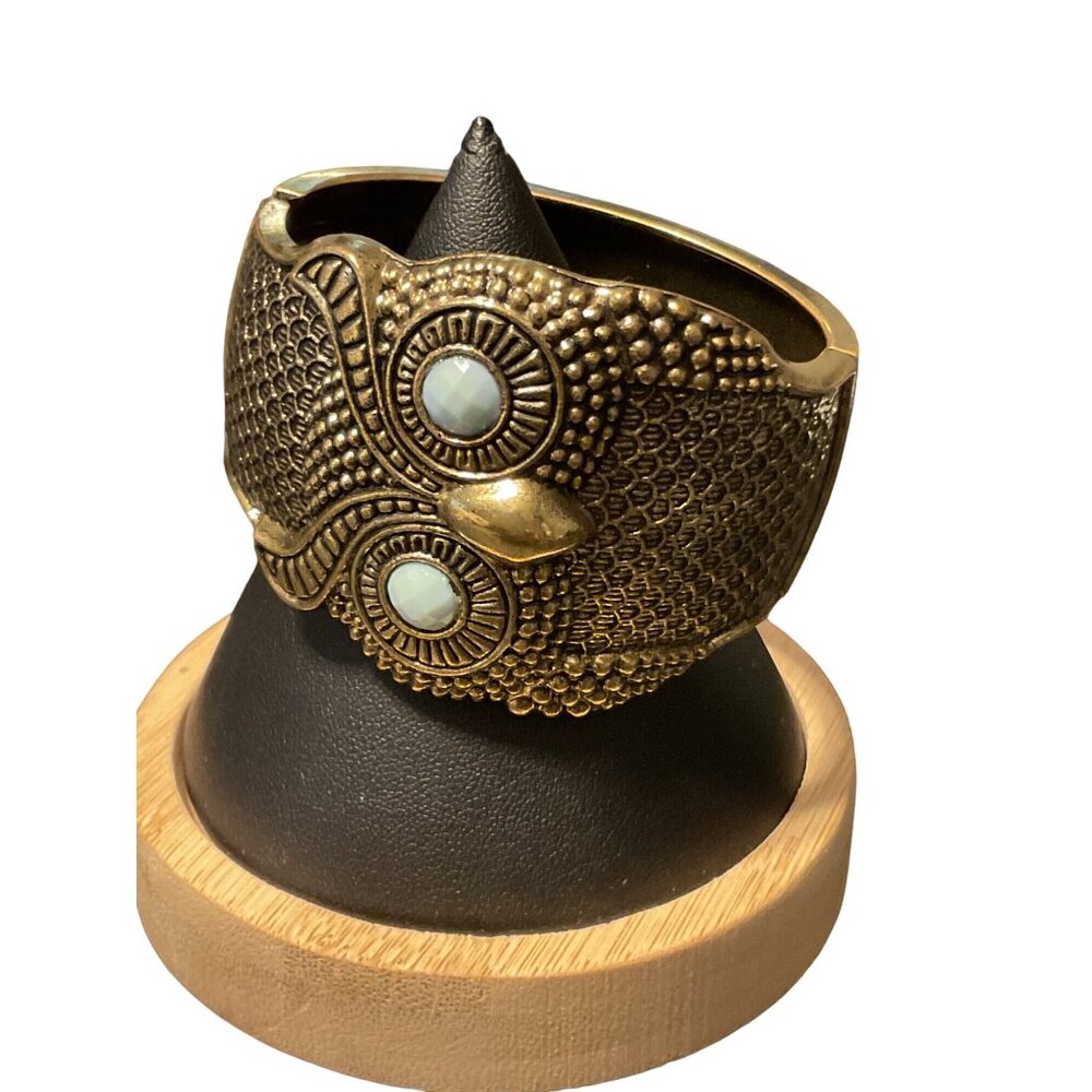 Vintage Brass Owl Figural Cuff Bracelet With Turquoise Color Eye Accents